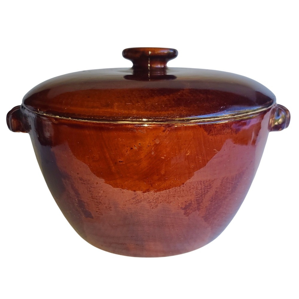 Vintage Old Hickory 3 Pc. Duchess‎ Brown Stoneware Pot, Lid and Strainer Insert